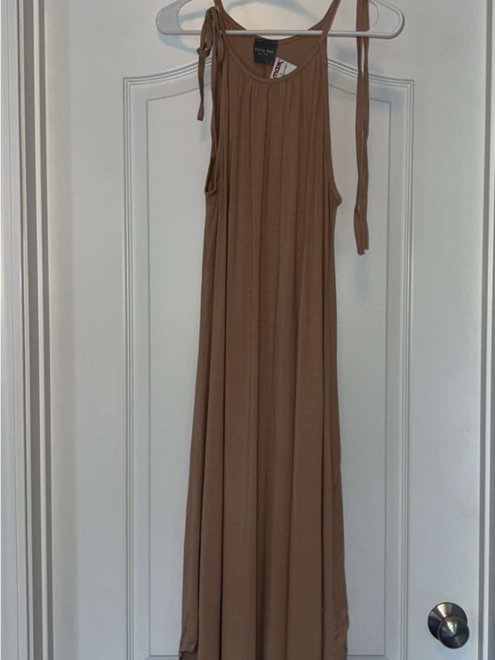 Olivia Rae Tie-Shoulder Maxi Dress in Camel